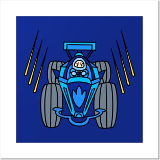 Car racing with cartoon chibi in blue color Posters and Art